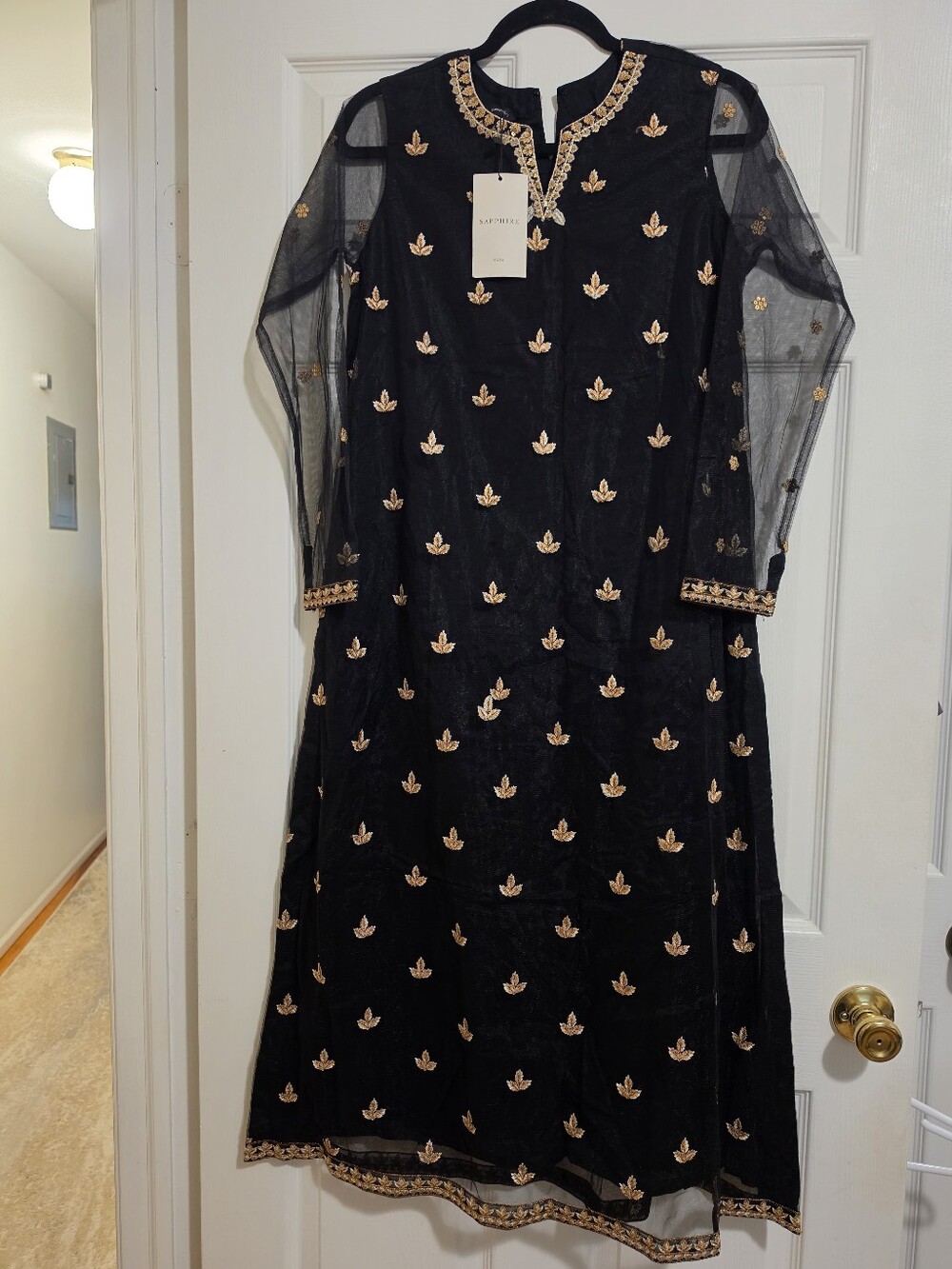 Black Long-Sleeve Embroidered Evening Dress with Gold Motifs